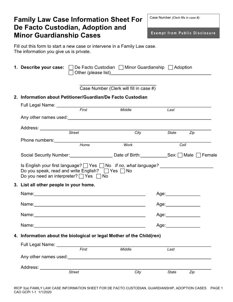 Family Law Case Information Sheet {CAO FL 1-1} | Pdf Fpdf Docx | Idaho