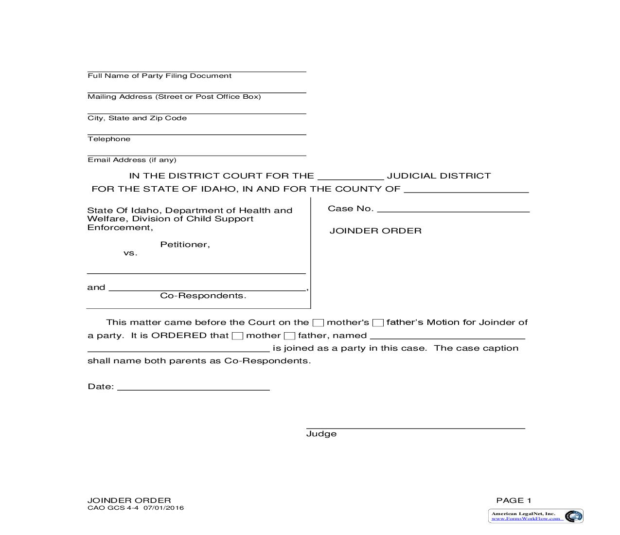 Joinder Order {CAO GCS 4-4} | Pdf Fpdf Doc Docx | Idaho