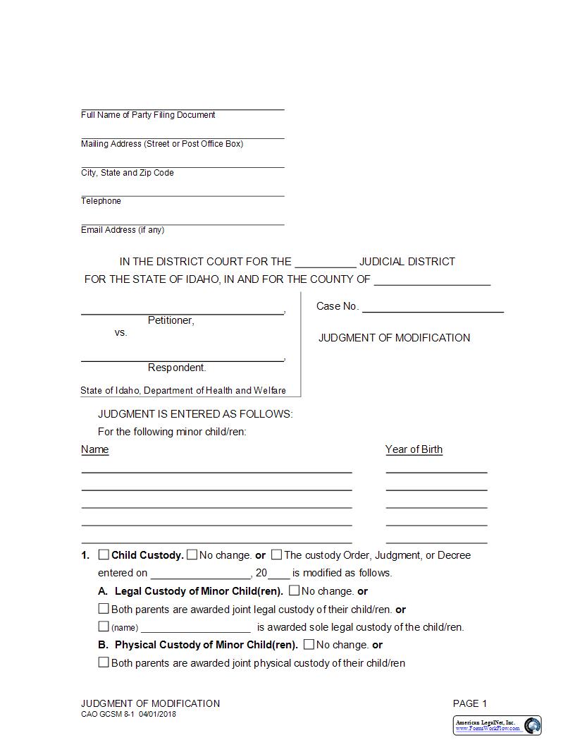 Judgment Of Modification (Department Of Health And Welfare) {CAO GCSM 8-1} | Pdf Fpdf Docx | Idaho