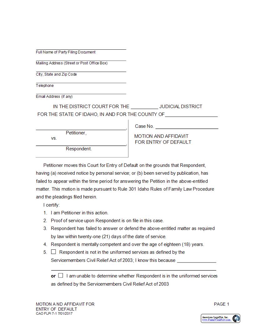 Motion And Affidavit For Entry Of Default {CAO Cv 7-1} | Pdf Fpdf Docx | Idaho