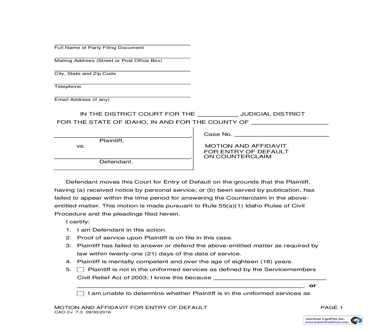 Motion And Affidavit For Entry Of Default On Counterclaim {CAO Cv 7-3} | Pdf Fpdf Doc Docx | Idaho
