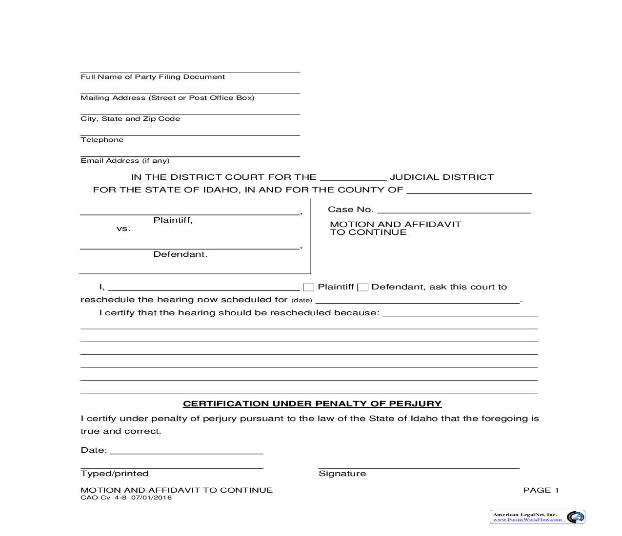 Motion And Affidavit To Continue {CAO Cv 4-8} | Pdf Fpdf Doc Docx | Idaho