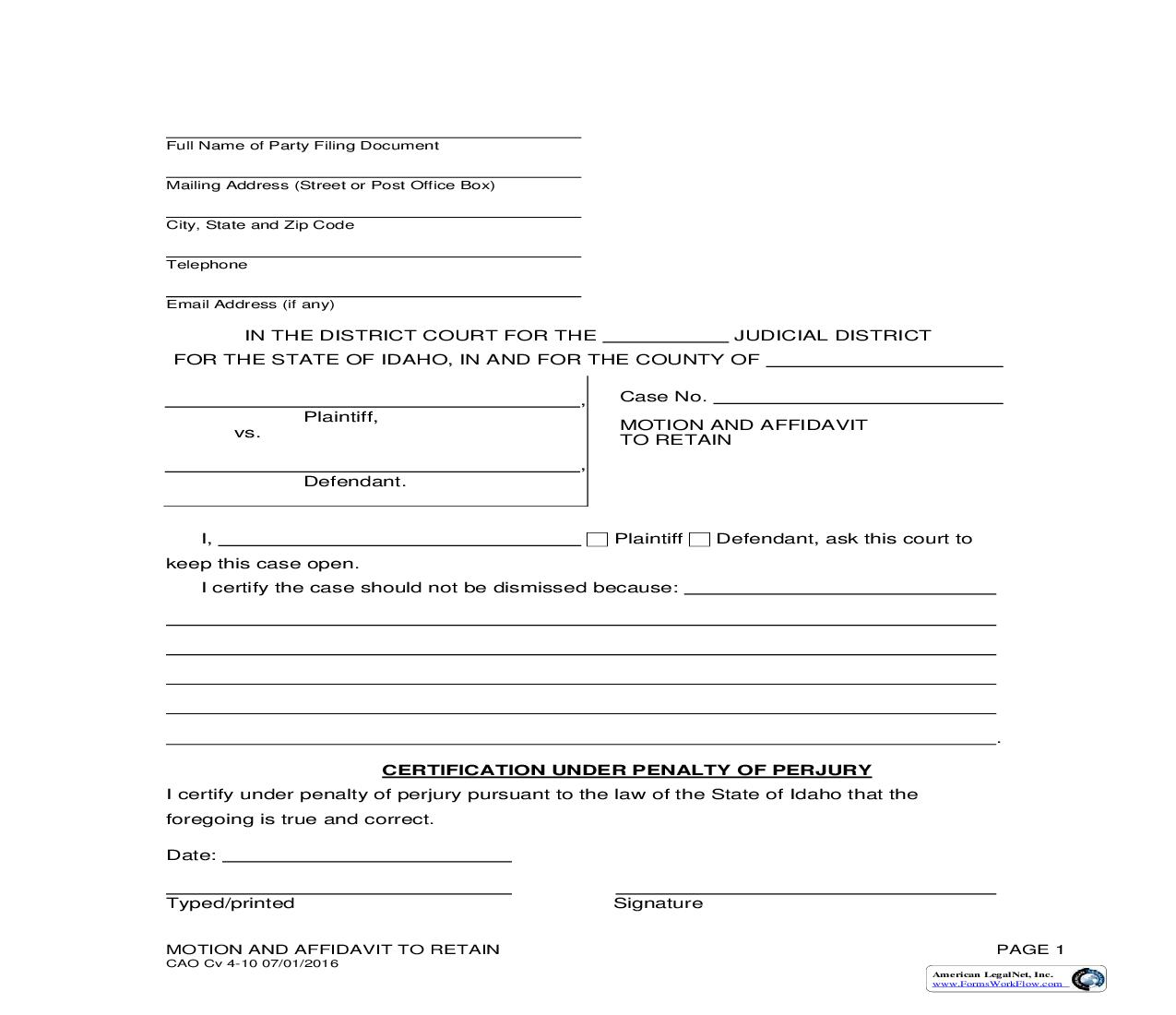 Motion And Affidavit To Retain {CAO Cv 4-10} | Pdf Fpdf Doc Docx | Idaho