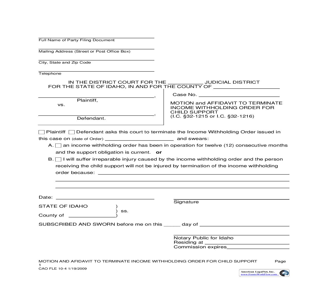 Motion And Affidavit To Terminate Income Withholding  Order For Child Support {CAO FLE 10-4} | Pdf Fpdf Doc Docx | Idaho