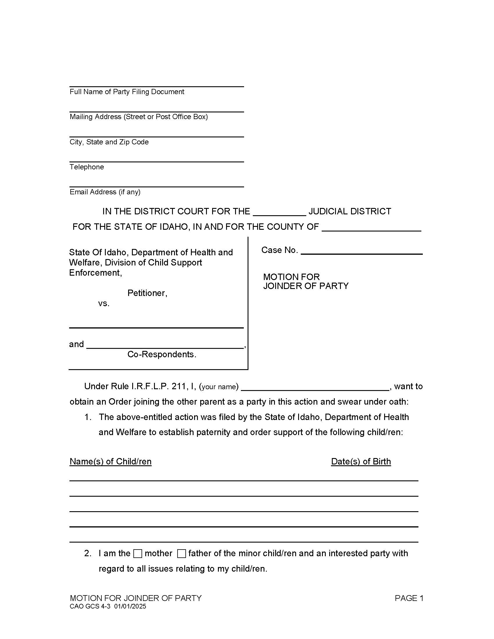 Motion For Joinder Of Party {CAO GCS 4-3} | Pdf Fpdf Doc Docx | Idaho