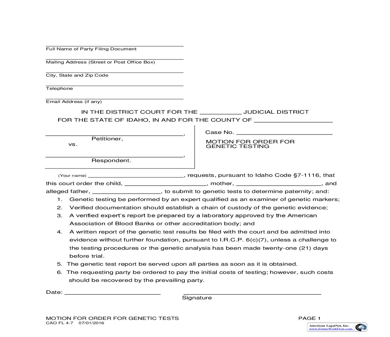 Motion For Order For Genetic Testing {CAO FL 4-7} | Pdf Fpdf Doc Docx | Idaho