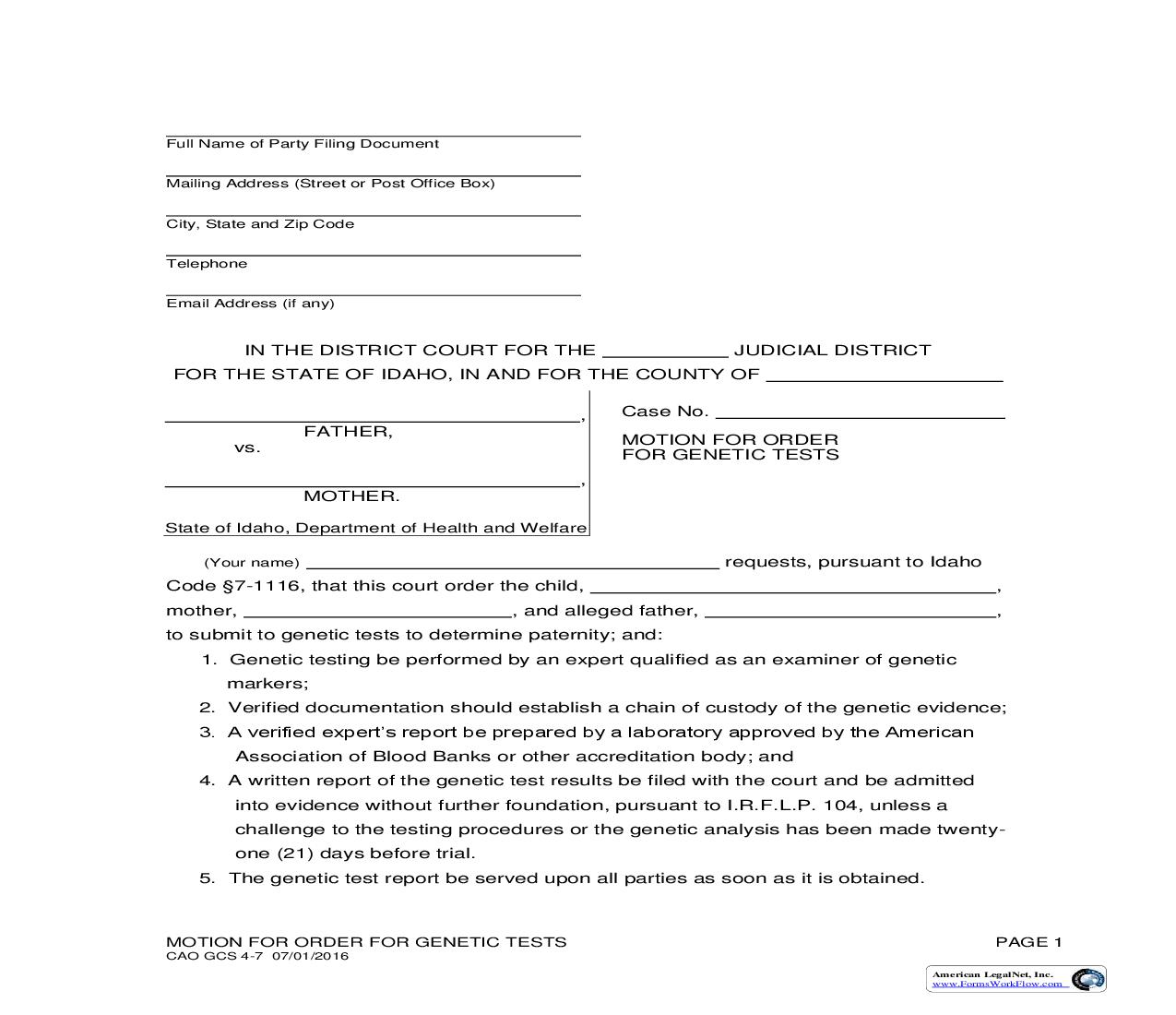Motion For Order For Genetic Tests (Husband-Wife Case) {CAO GCS 4-7} | Pdf Fpdf Doc Docx | Idaho