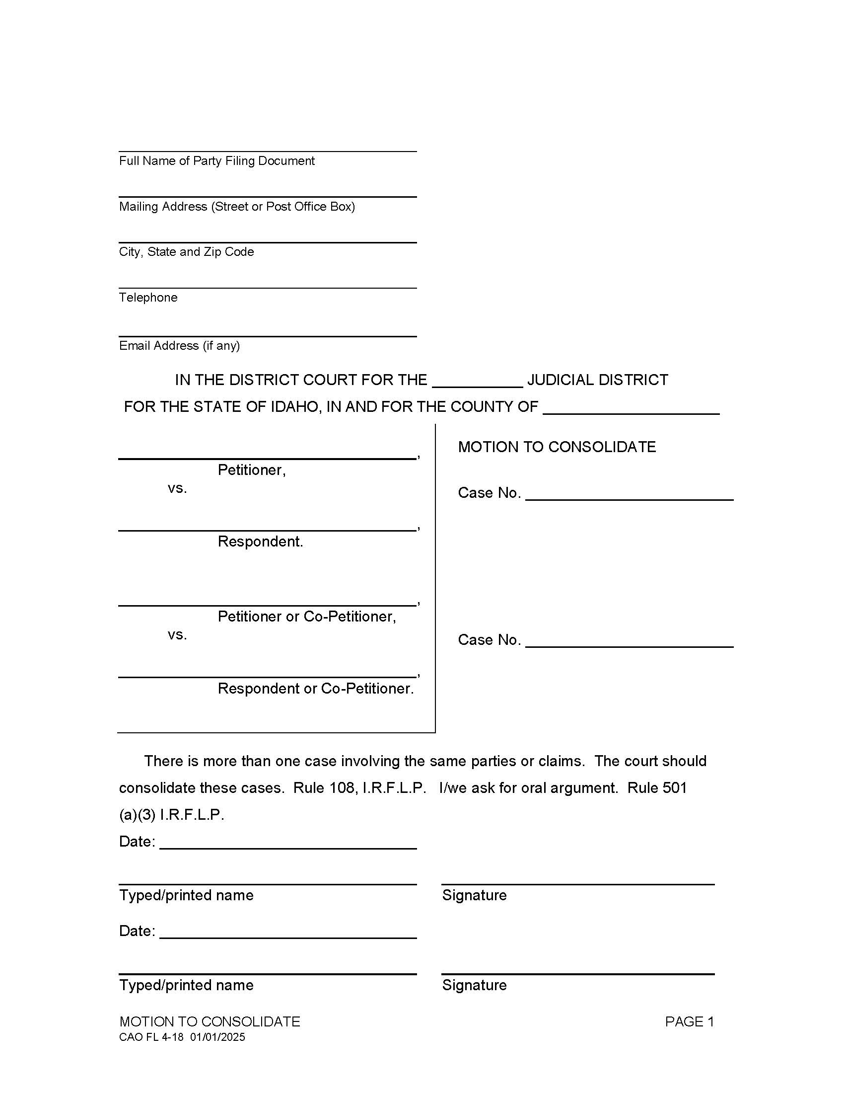 Motion To Consolidate (Family Law) {CAO FL 4-18} | Pdf Fpdf Docx | Idaho