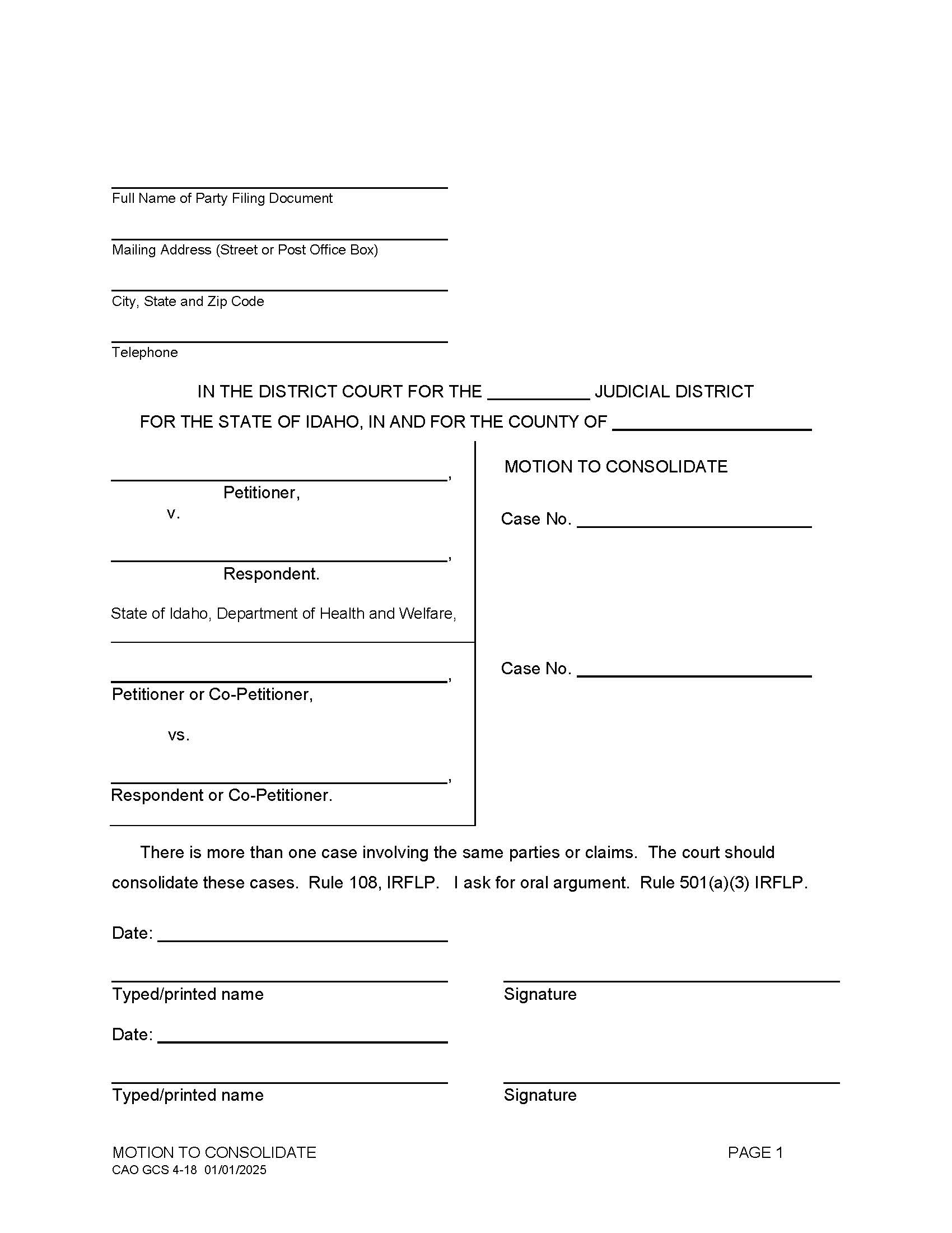 Motion To Consolidate (With Minor Children) {CAO GCS 4-18} | Pdf Fpdf Doc Docx | Idaho