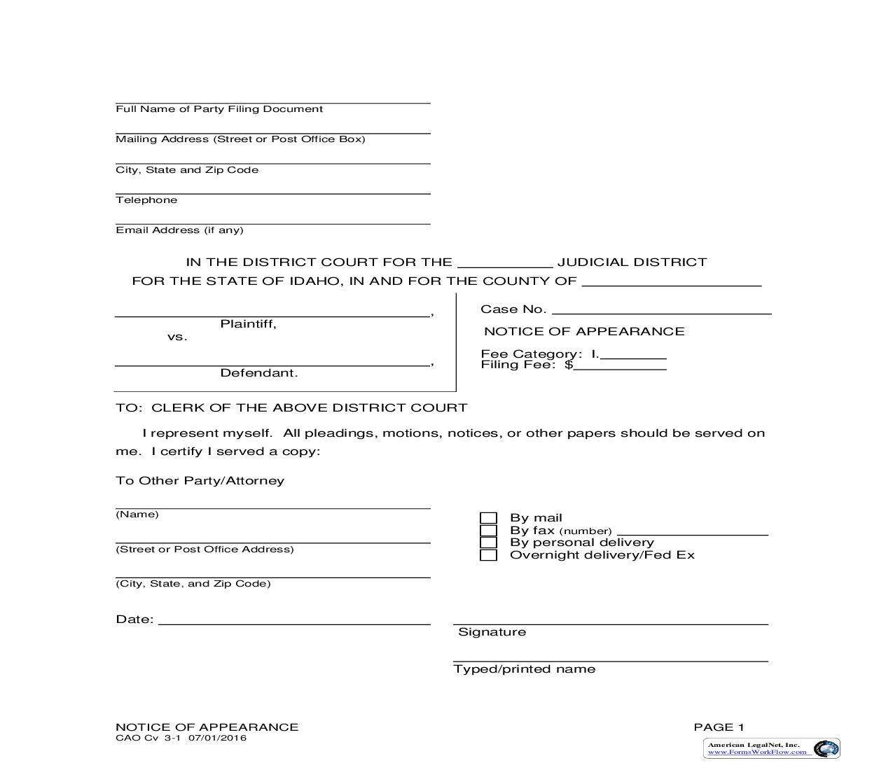 Notice Of Appearance {CAO Cv 3-1} | Pdf Fpdf Doc Docx | Idaho
