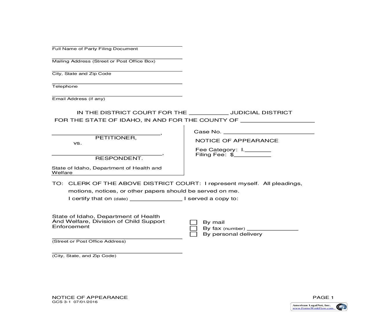 Notice Of Appearance {CAO GCS 3-1} | Pdf Fpdf Doc Docx | Idaho