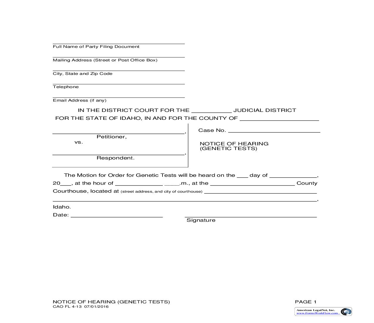 Notice Of Hearing (Genetic Tests) {CAO FL 4-13} | Pdf Fpdf Doc Docx | Idaho