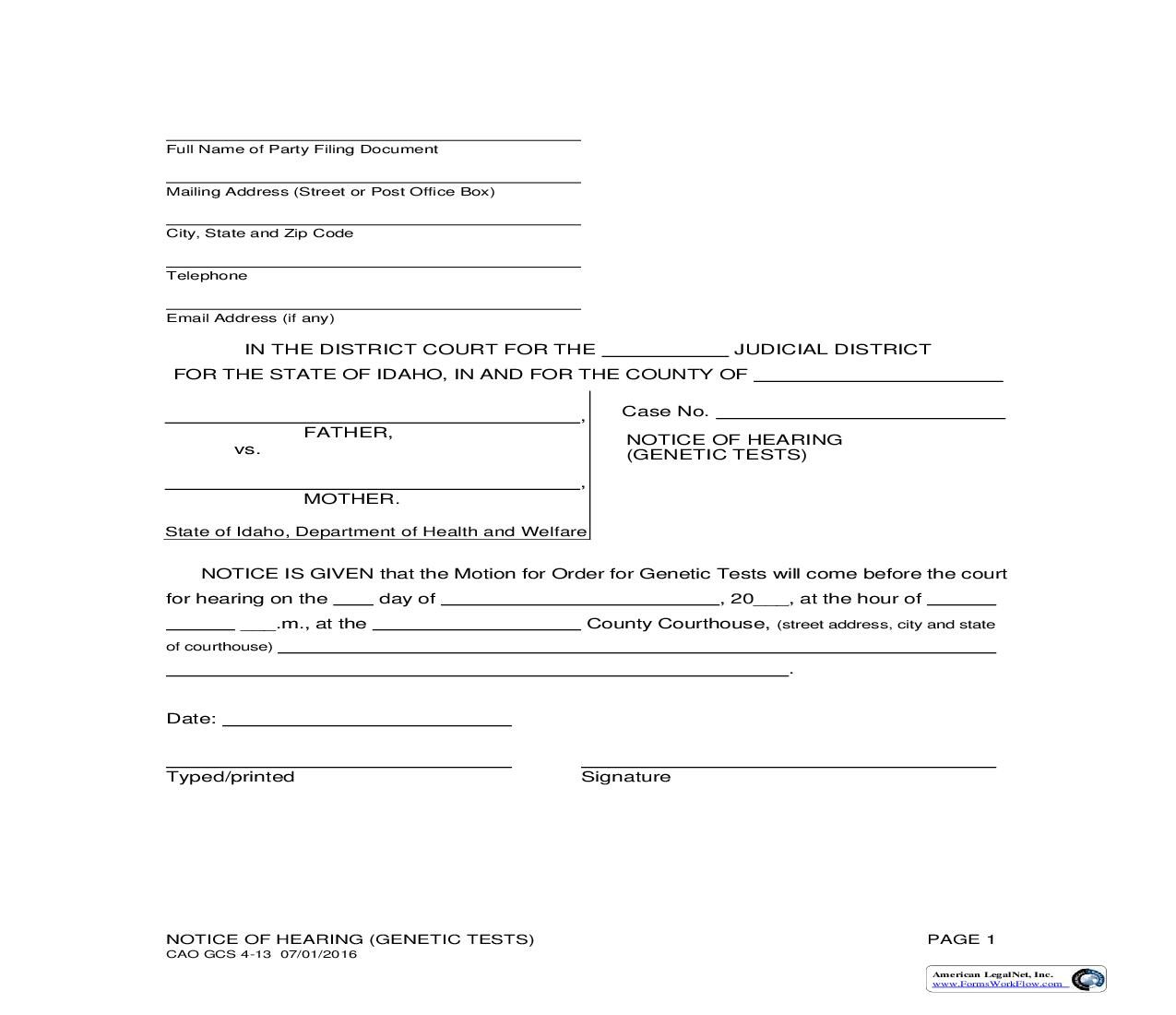 Notice Of Hearing (Genetic Tests) {CAO GCS 4-13} | Pdf Fpdf Doc Docx | Idaho