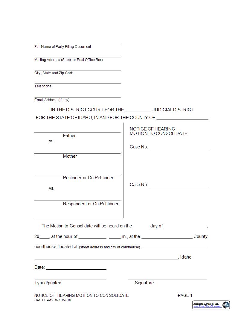 Notice Of Hearing - Motion To Consolidate {CAO FL 4-19} | Pdf Fpdf Docx | Idaho