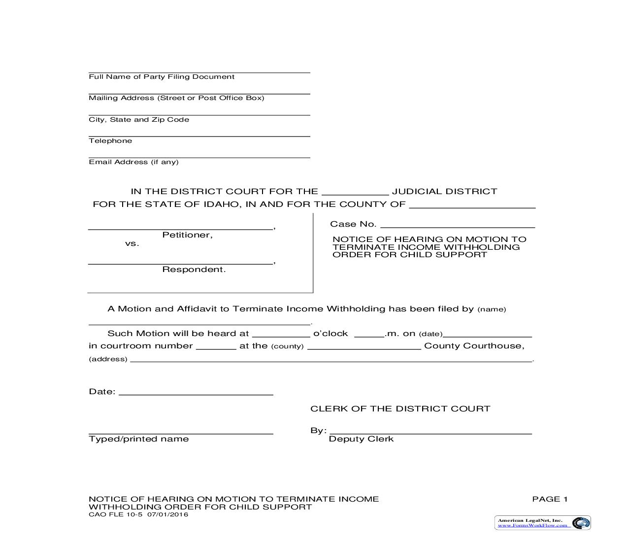 Notice Of Hearing On Motion To Terminate Income Withholding Order For Child Support {CAO FLE 10-5} | Pdf Fpdf Doc Docx | Idaho