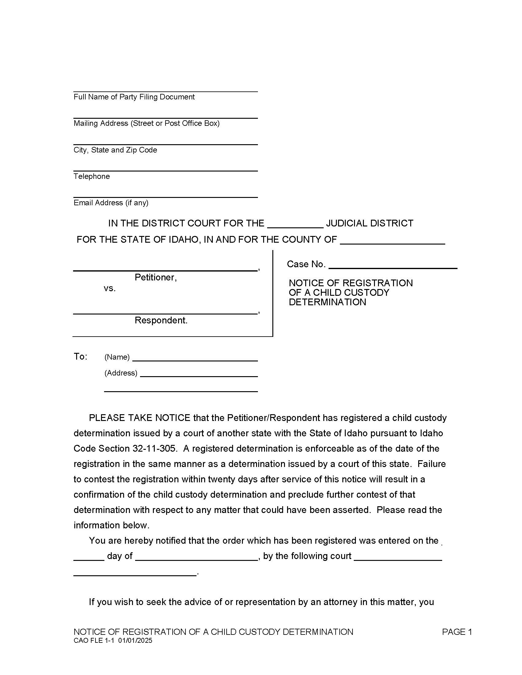 Notice Of Registration Of (Out Of State) Child Custody Determination {CAO FLE 1-1} | Pdf Fpdf Doc Docx | Idaho