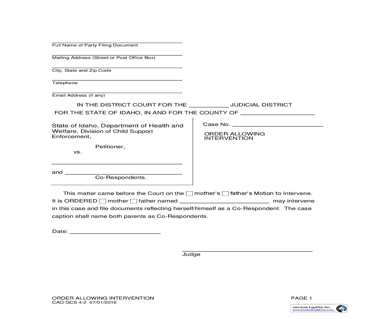 Order Allowing Intervention {CAO GCS 4-2} | Pdf Fpdf Doc Docx | Idaho