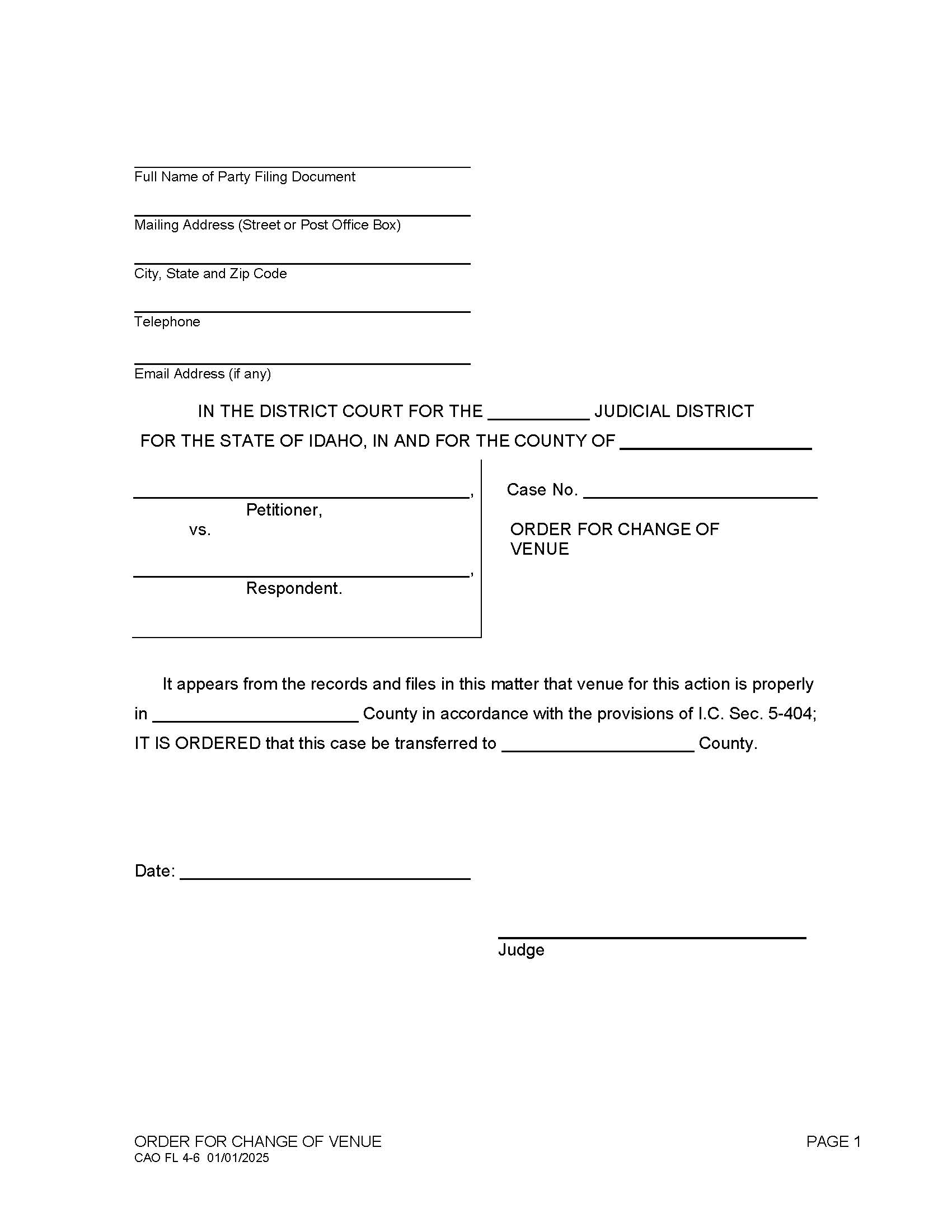 Order For Change Of Venue {CAO FL 4-6} | Pdf Fpdf Doc Docx | Idaho
