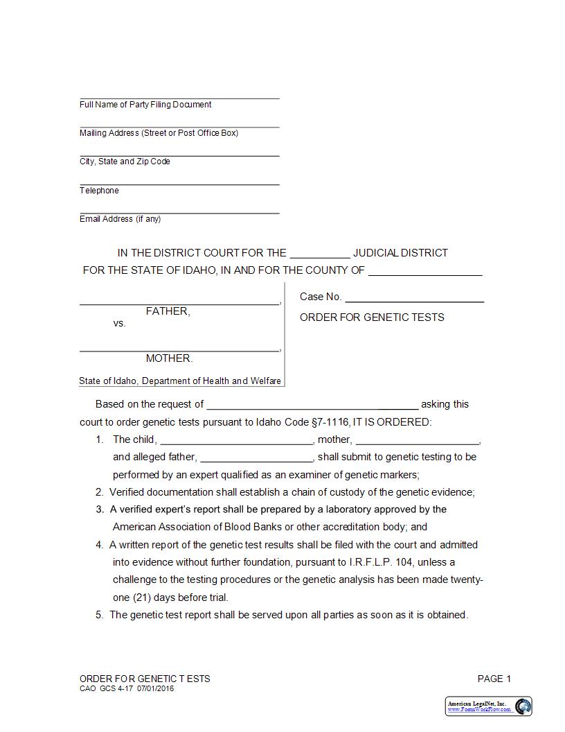 Order For Genetic Tests {CAO GCS 4-17} | Pdf Fpdf Docx | Idaho