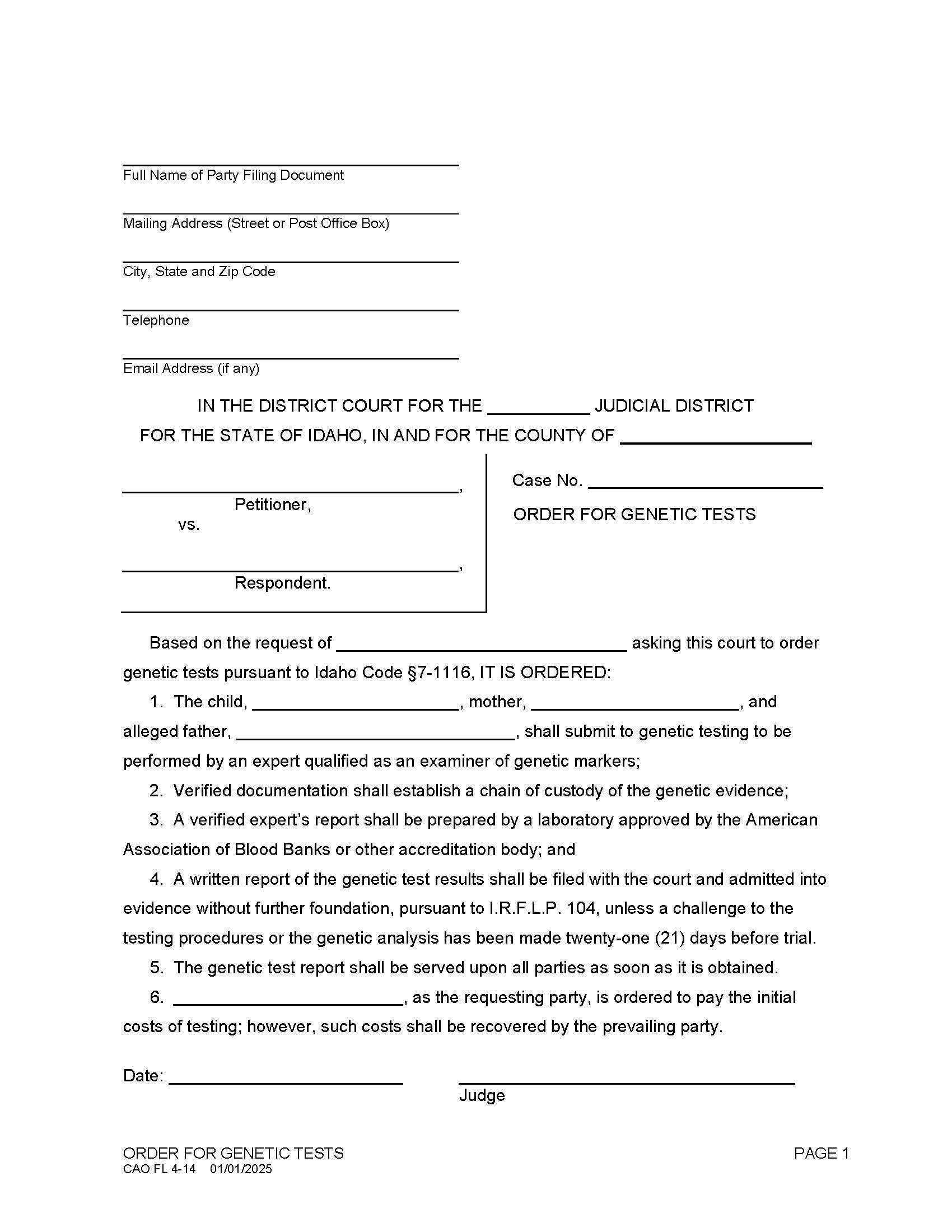 Order For Genetic Tests (Family Law) {CAO FL 4-14} | Pdf Fpdf Docx | Idaho