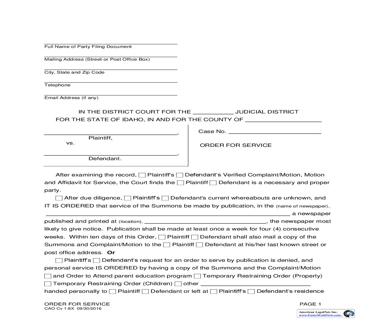 Order For Service {CAO Cv 1-8X} | Pdf Fpdf Doc Docx | Idaho