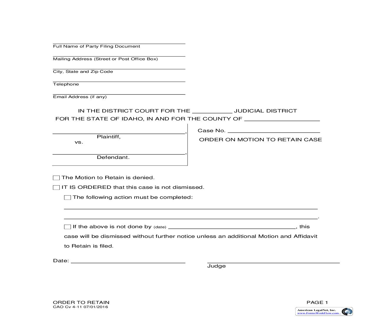 Order On Motion To Retain Case {CAO CV 4-11} | Pdf Fpdf Doc Docx | Idaho