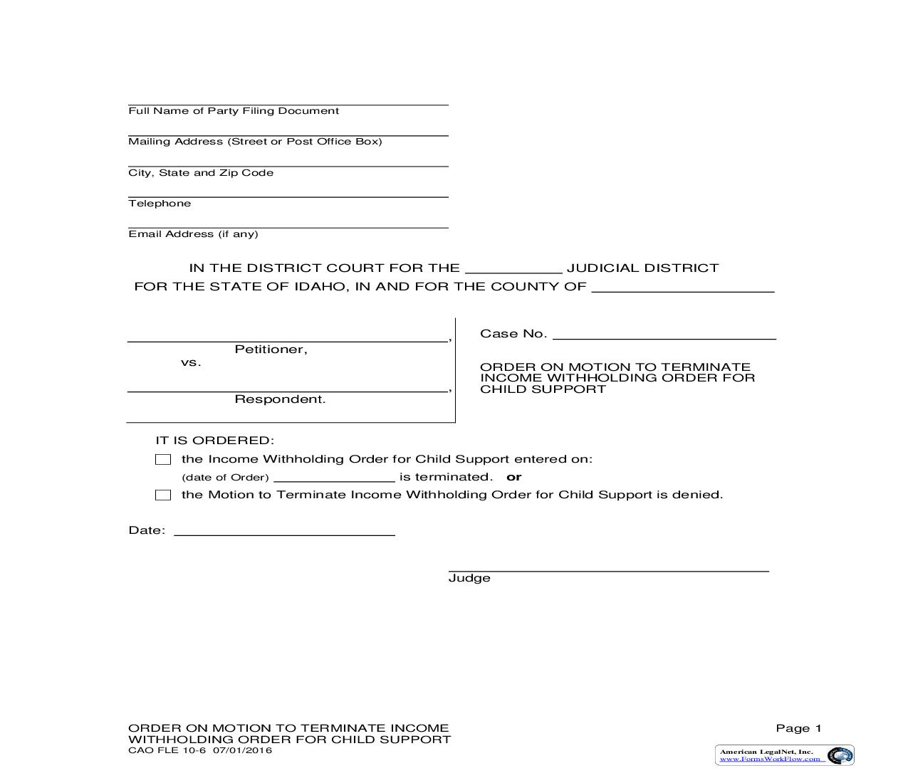 Order On Motion To Terminate Income Withholding Order For Child Support {CAO FLE 10-6} | Pdf Fpdf Doc Docx | Idaho