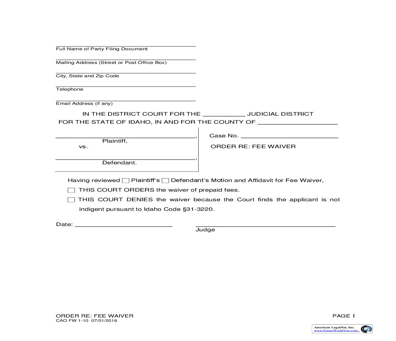 Order Re Fee Waiver {CAO FW 1-10} | Pdf Fpdf Doc Docx | Idaho
