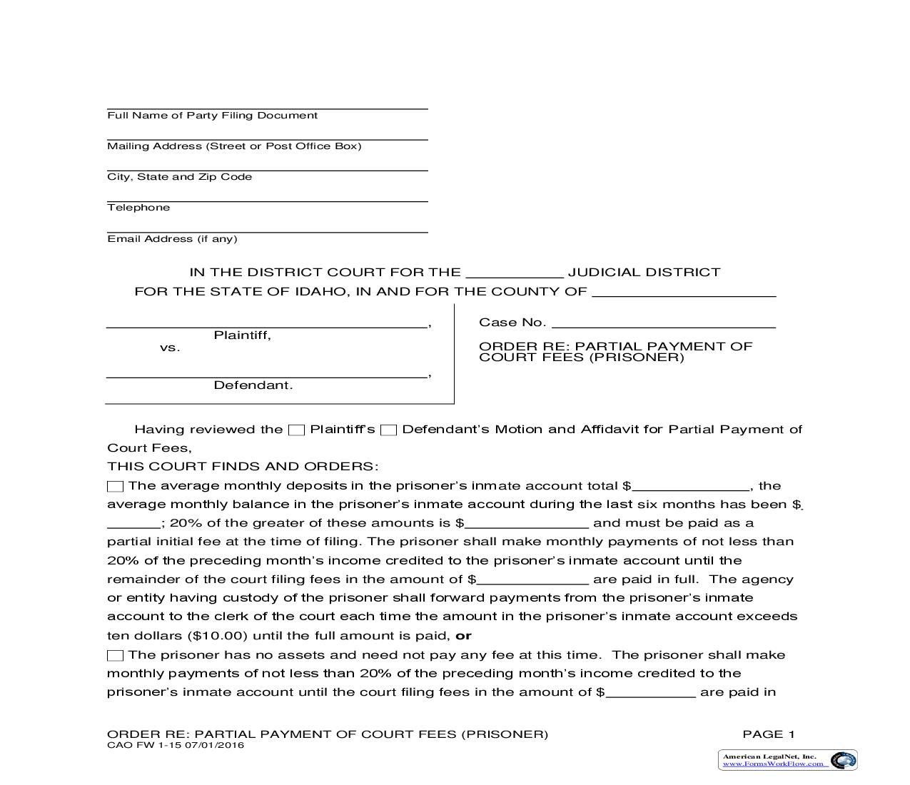 Order Re Fee Waiver (Prisoner) {CAO FW 1-15} | Pdf Fpdf Doc Docx | Idaho