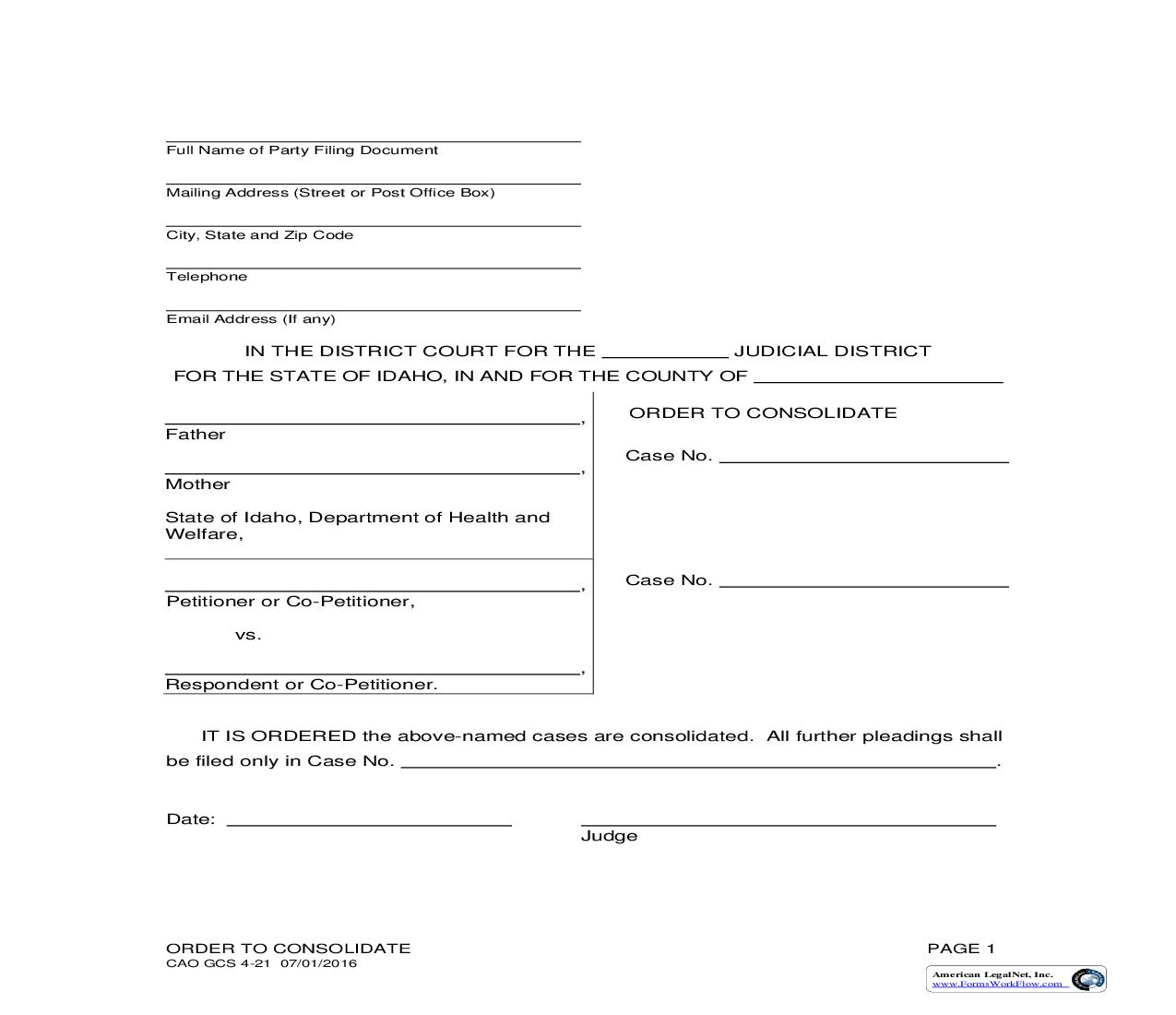 Order To Consolidate {CAO GCS 4-21} | Pdf Fpdf Doc Docx | Idaho