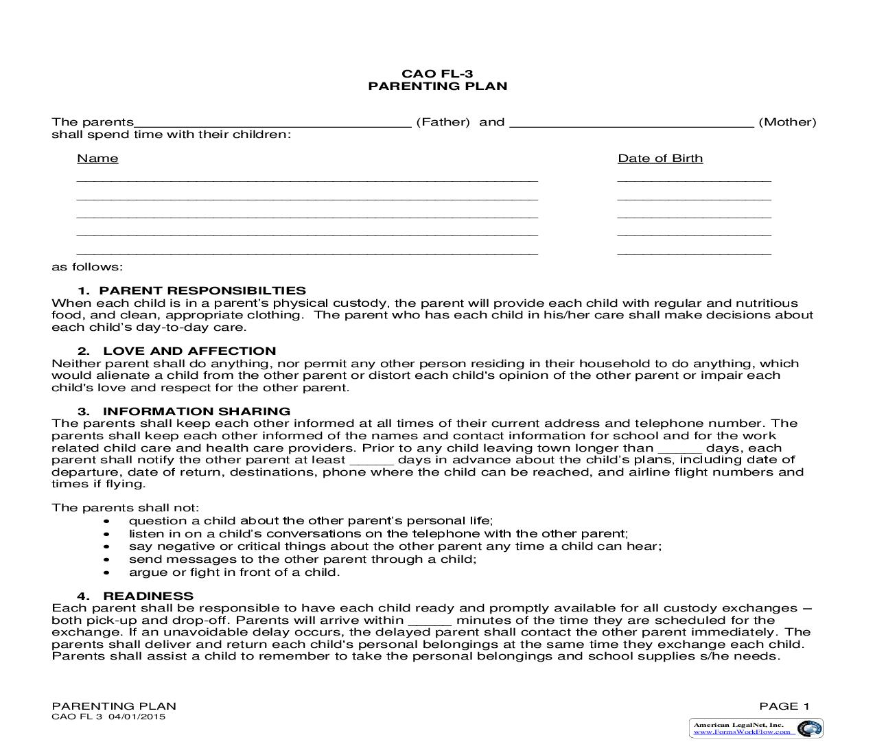 Parenting Plan {CAO FL-3} | Pdf Fpdf Doc Docx | Idaho