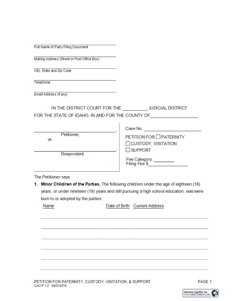 Petition For Paternity-Custody-Visitation-Support {CAO P 1-2} | Pdf Fpdf Docx | Idaho