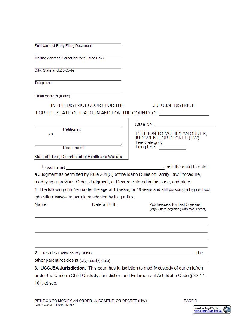 Petition To Modify An Order Judgment Or Decree (Department Of Health And Welfare) {CAO GCSM 1-1} | Pdf Fpdf Docx | Idaho