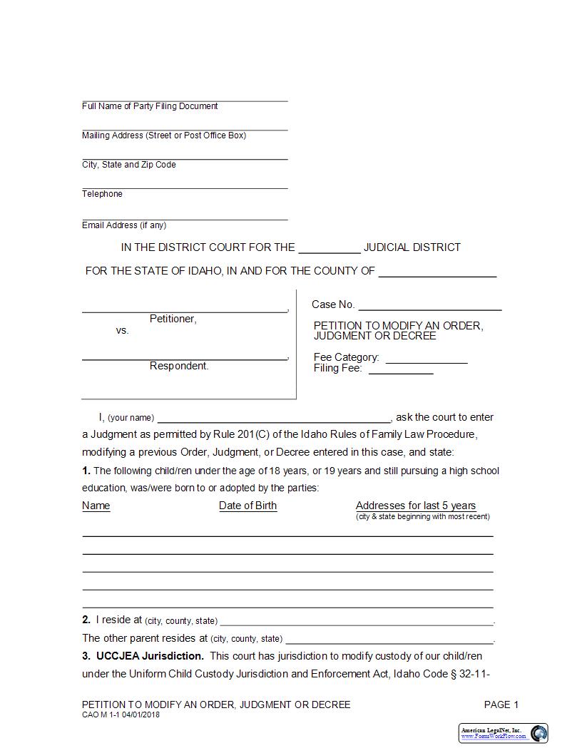 Petition To Modify And Order Judgment Or Decree {CAO M 1-1} | Pdf Fpdf Docx | Idaho
