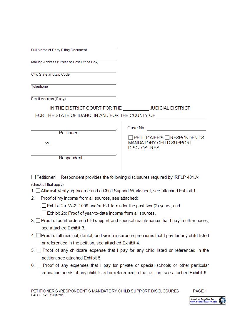 Petitioners And Or Respondents Mandatory Child Support Disclosures {CAO FL 5-1} | Pdf Fpdf Docx | Idaho