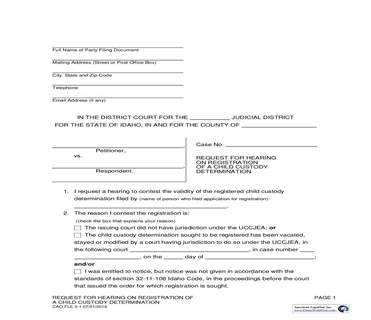 Request For Hearing On Registration Of (Out Of State) Child Custody Determination {CAO FLE 3-1} | Pdf Fpdf Doc Docx | Idaho