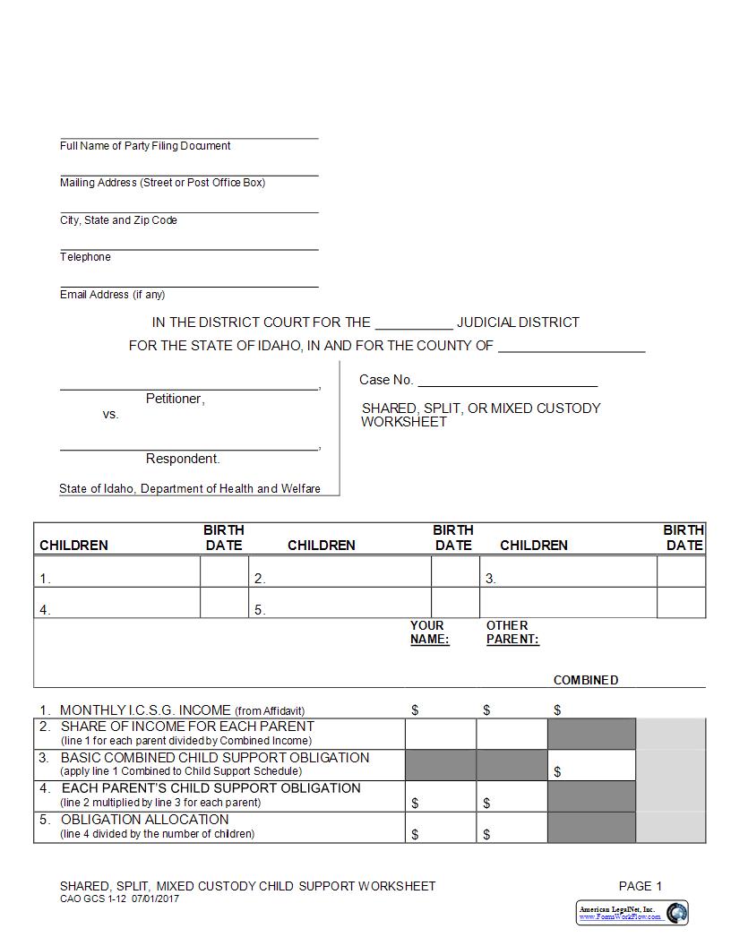 Shared Split Or Mixed Custody Worksheet {CAO GCS 1-12} | Pdf Fpdf Docx | Idaho