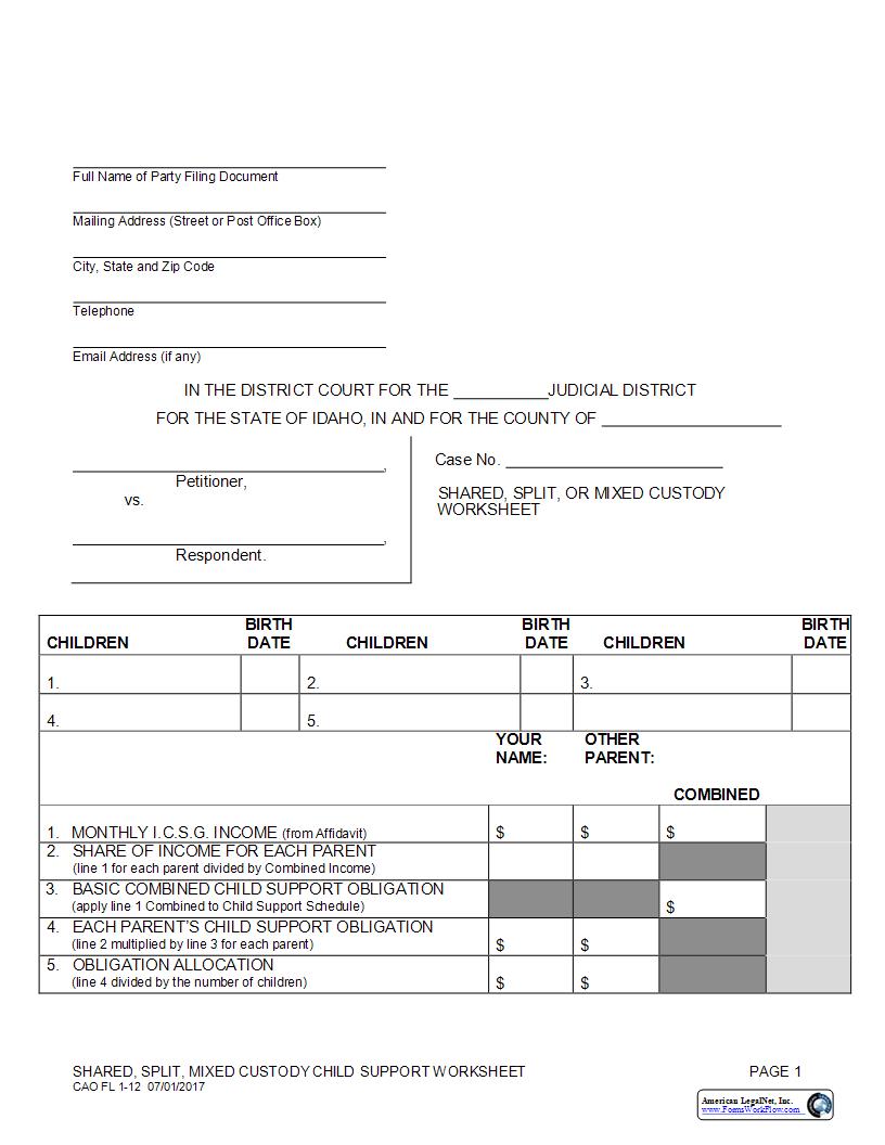 Shared Split Or Mixed Custody Worksheet (Family Law) {CAO FL 1-12} | Pdf Fpdf Docx | Idaho