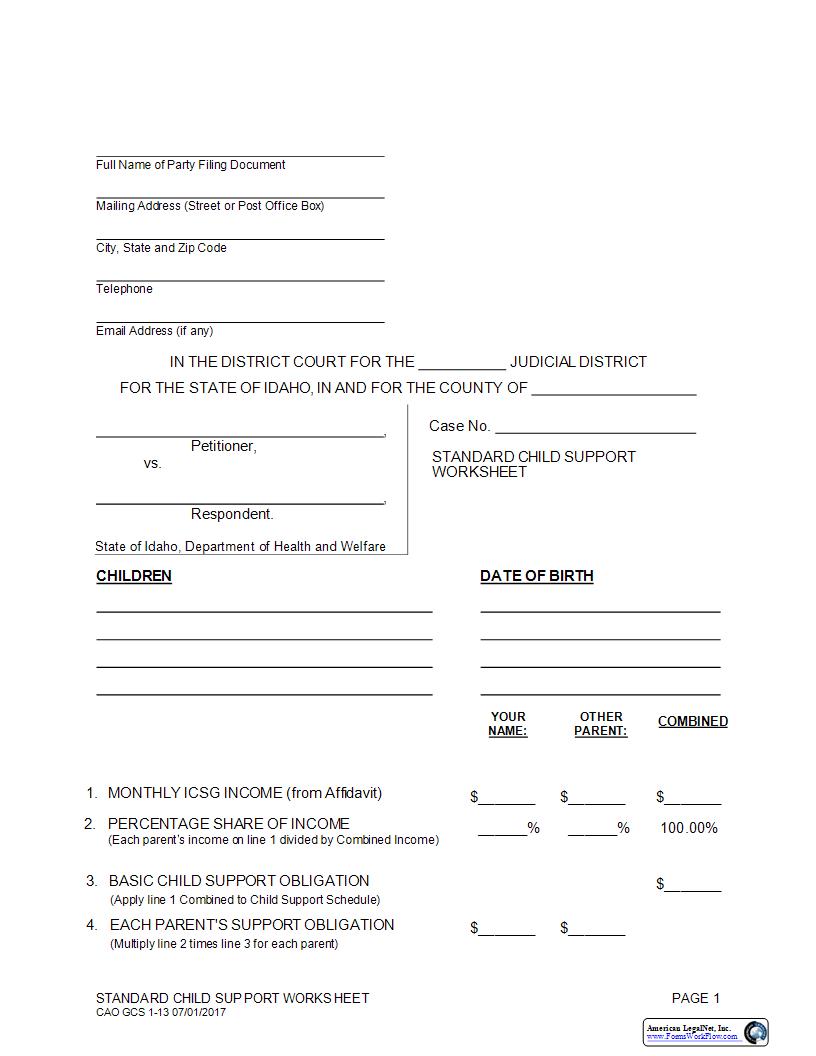 Standard Child Support Worksheet {CAO GCS 1-13} | Pdf Fpdf Docx | Idaho