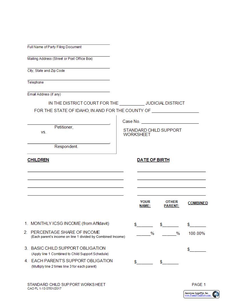 Standard Child Support Worksheet (Family Law) {CAO FL 1-13} | Pdf Fpdf Docx | Idaho