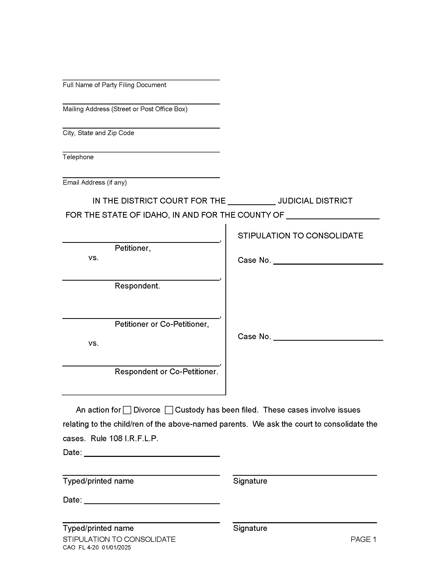 Stipulation To Consolidate {CAO FL 4-20} | Pdf Fpdf Doc Docx | Idaho