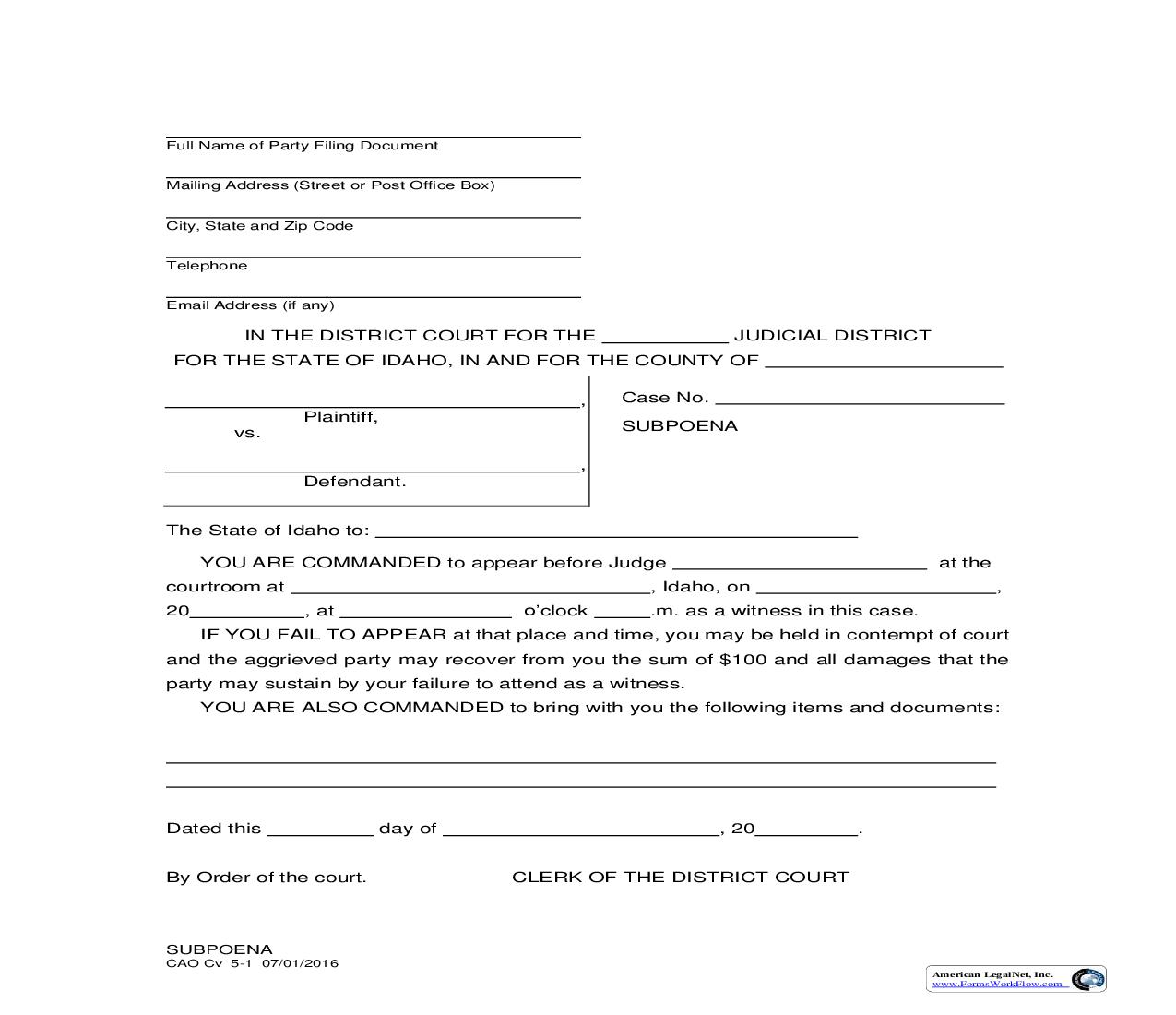 Subpoena {CAO Cv 5-1} | Pdf Fpdf Doc Docx | Idaho