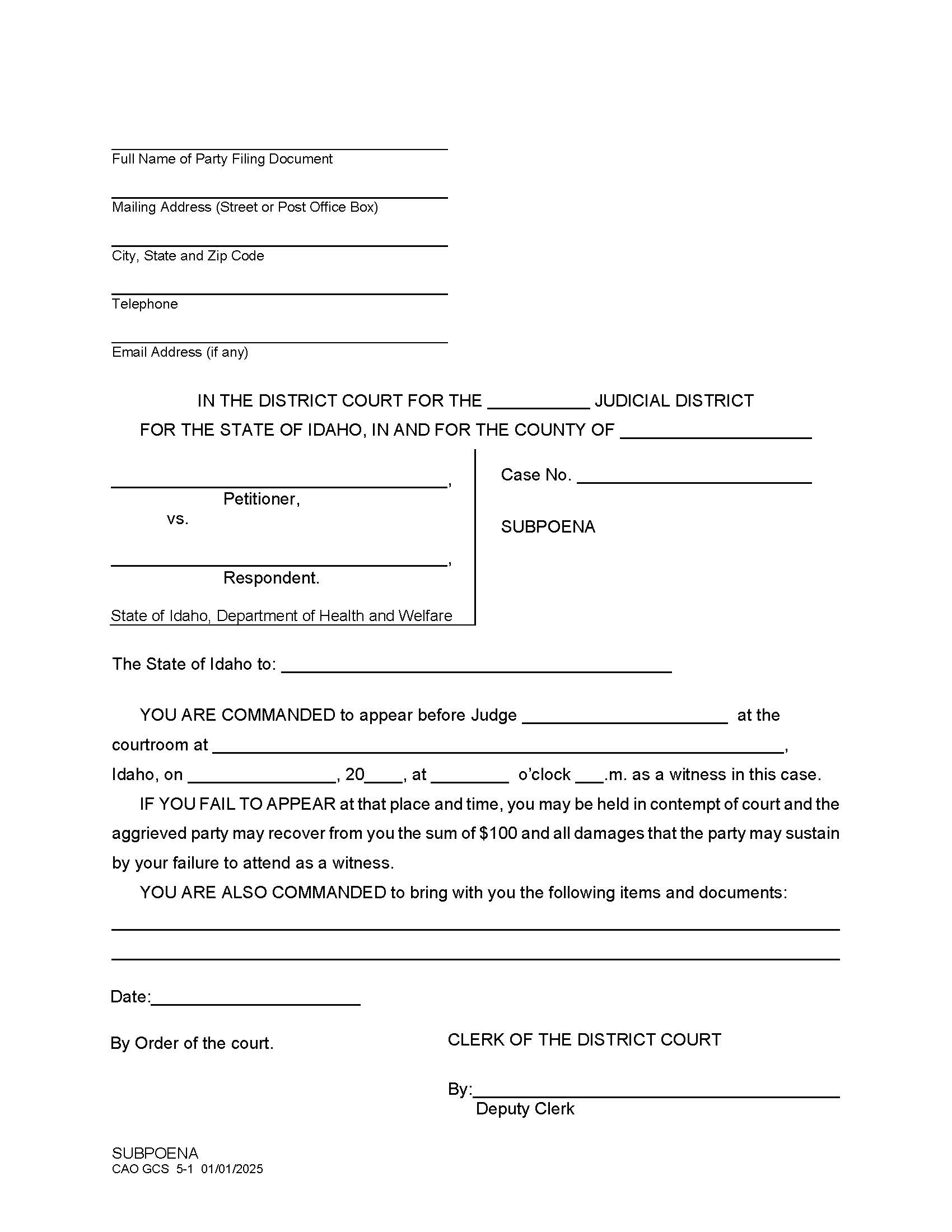 Subpoena (HW) {CAO GCS 5-1} | Pdf Fpdf Doc Docx | Idaho