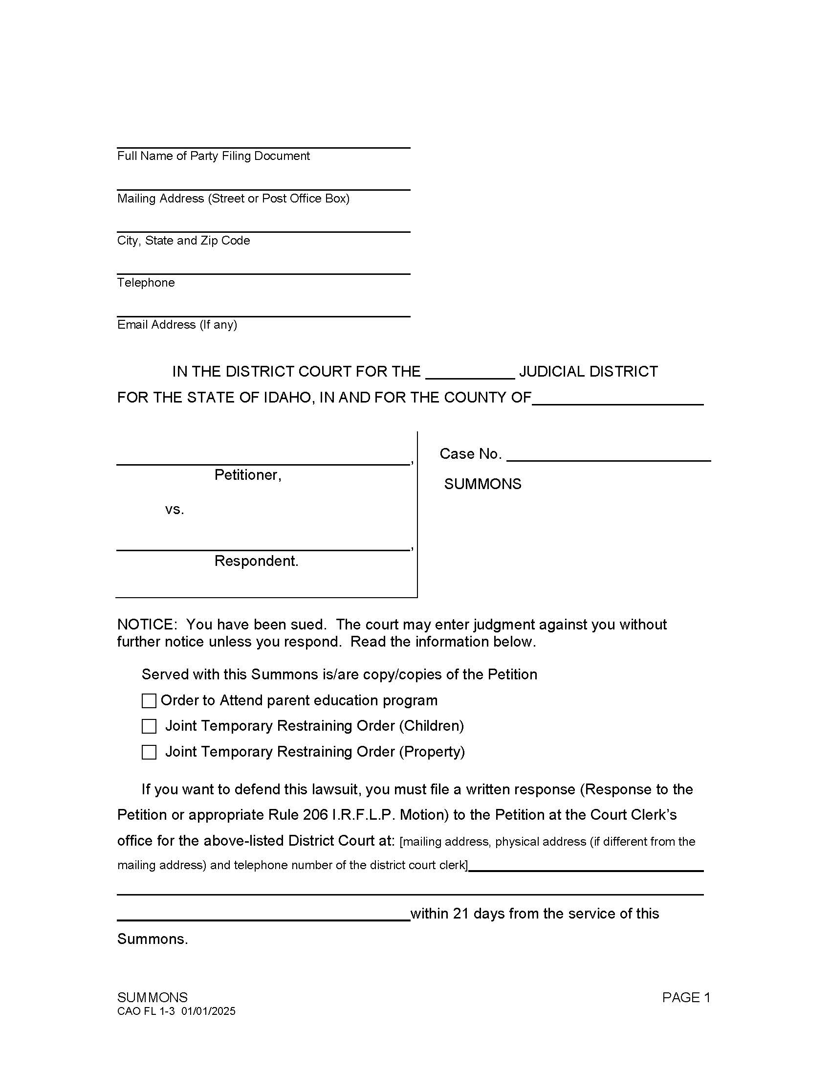 Summons {CAO FL 1-3} | Pdf Fpdf Doc Docx | Idaho