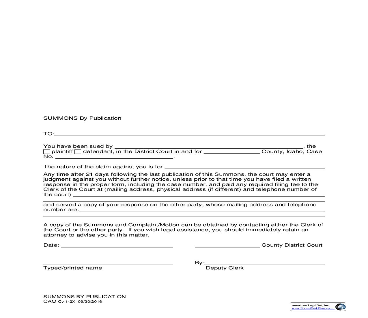 Summons By Publication {CAO Cv 1-2X} | Pdf Fpdf Doc Docx | Idaho