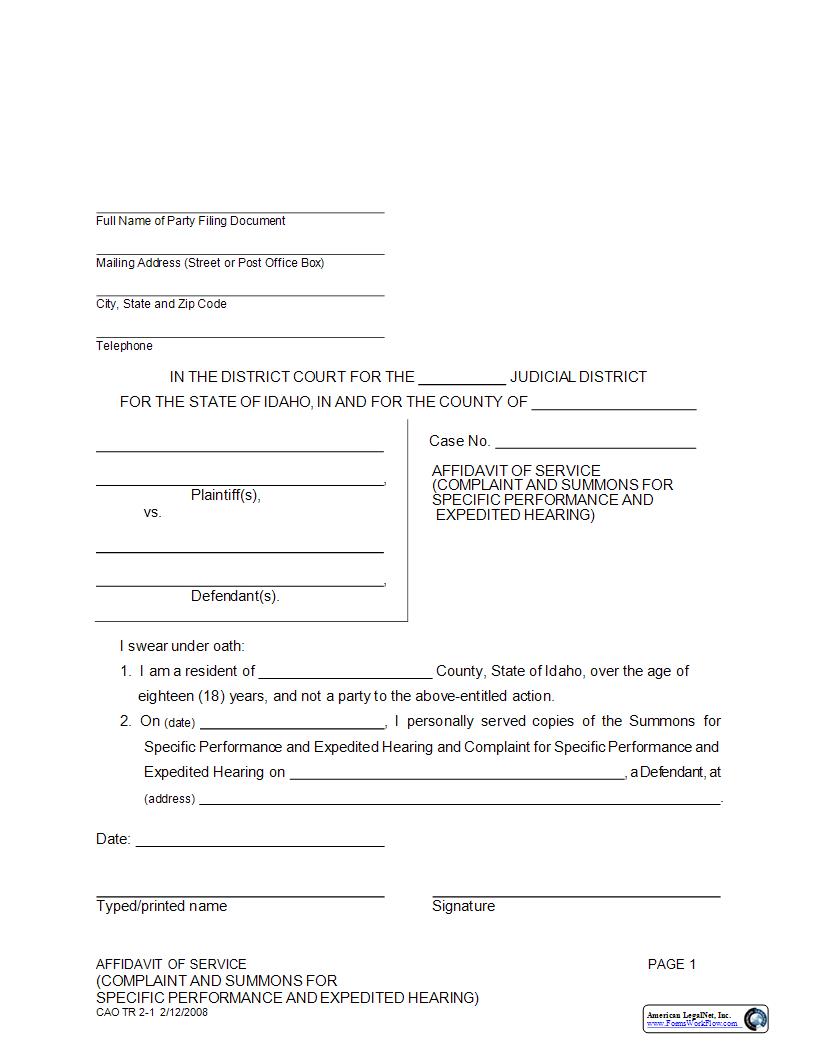 Affidavit Of Service (Complaint For And Summons For Specific Performance) {CAO TR 2-1} | Pdf Fpdf Docx | Idaho