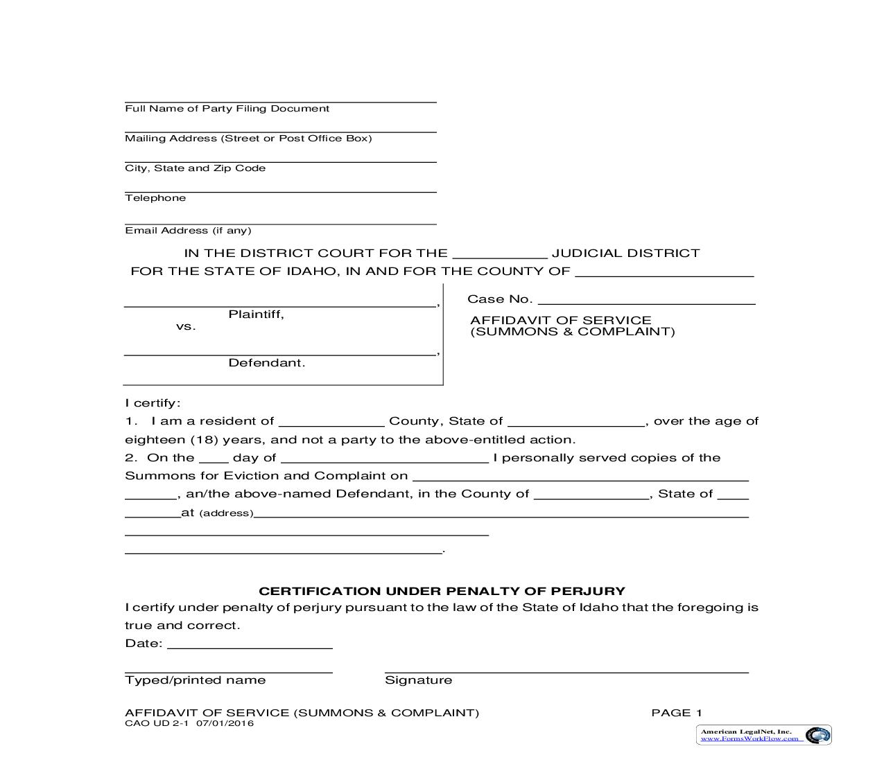 Affidavit Of Service (Summons And Complaint) {CAO UD 2-1} | Pdf Fpdf Doc Docx | Idaho