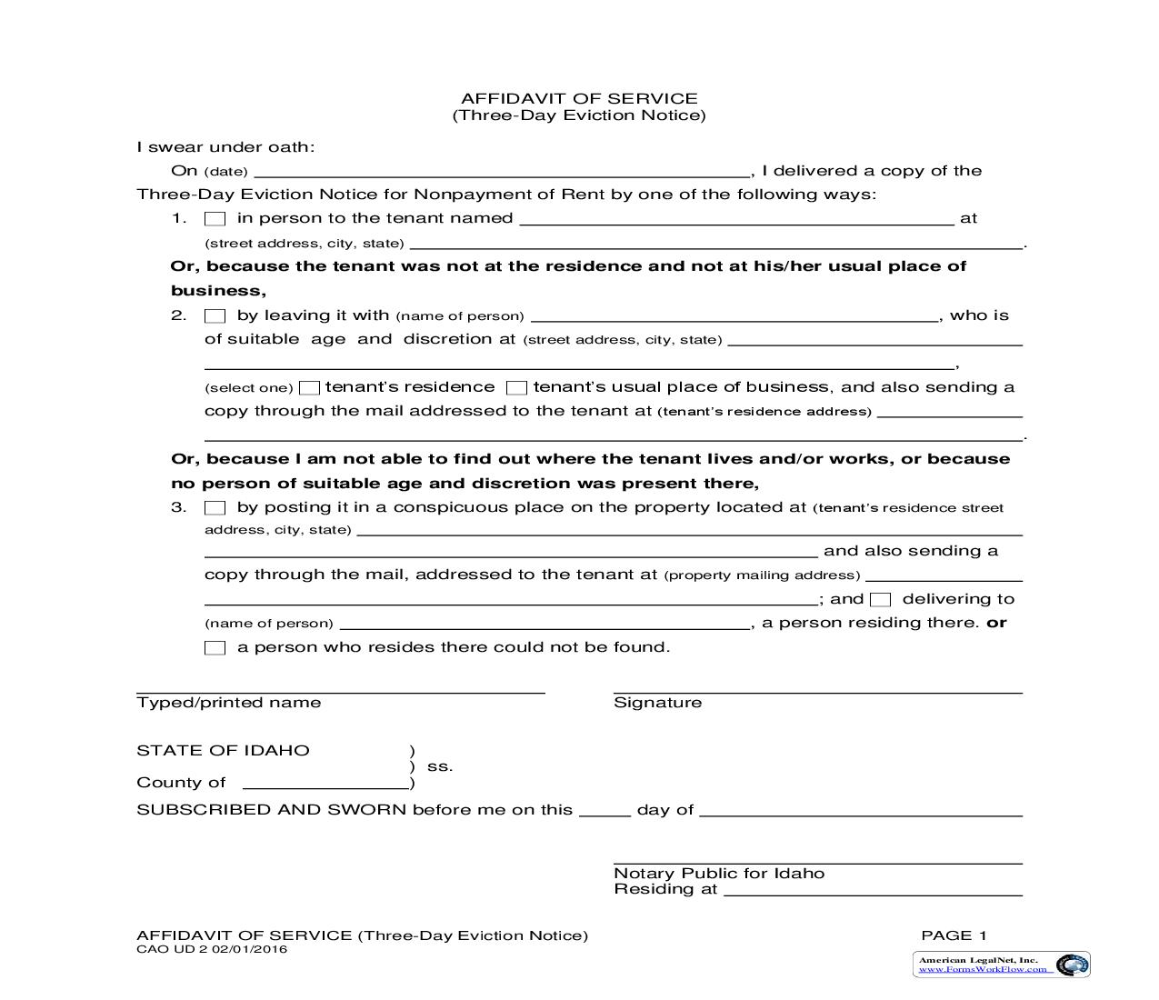 Affidavit Of Service (Three Day Eviction Notice) {CAO UD 2} | Pdf Fpdf Doc Docx | Idaho