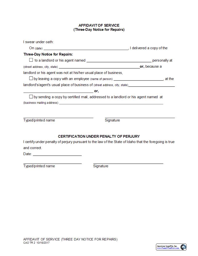 Affidavit Of Service (Three Day Notice For Repairs) {CAO TR 2} | Pdf Fpdf Docx | Idaho