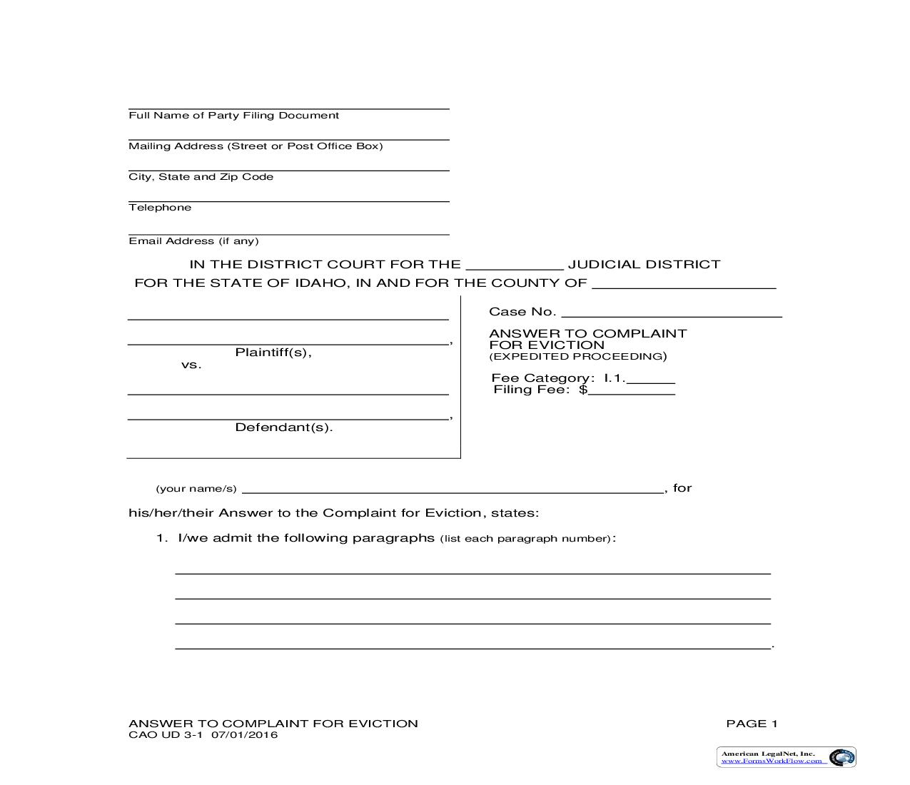 Answer To Complaint For Eviction (Expedited Proceedings) {CAO UD 3-1} | Pdf Fpdf Doc Docx | Idaho